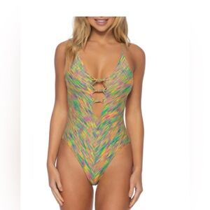Isabella Rose Prismatic Plunge One-Piece Swimsuit - Size Large